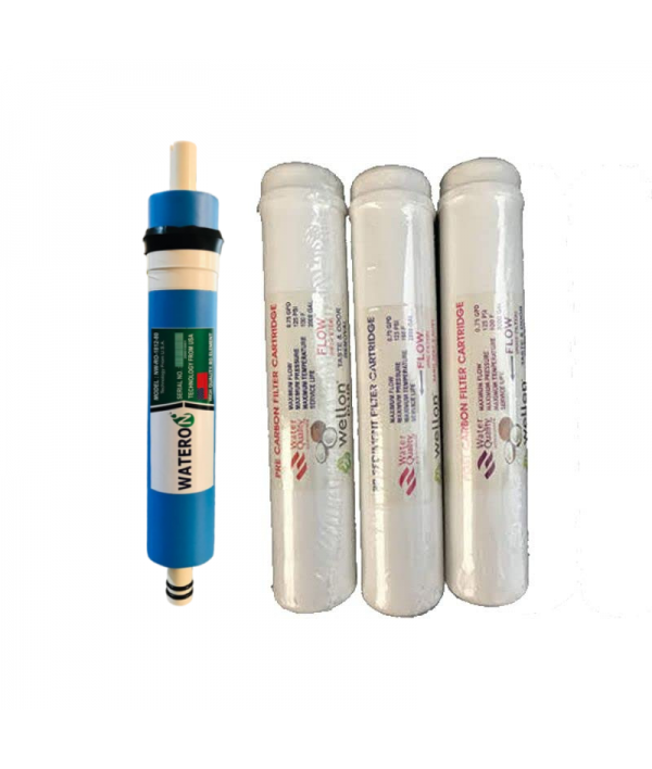 Wellon Plus Pre-Carbon + Post Carbon+ Sediment RO Inline Set + Wellon Wateron 80 GPD RO Membrane All Types of Water purifiers
